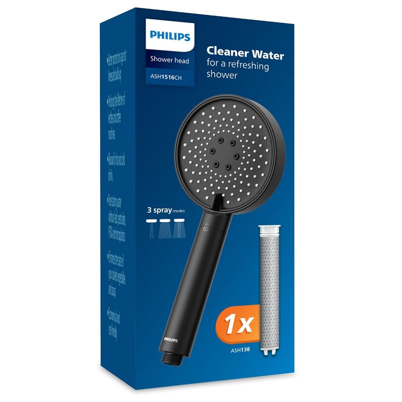 Philips Water Filtration Showerhead, Protection for Hair & Skin, Effectively removes Chlorine and Other Large Particles, Three Spray Modes, 1 Month Filter Capacity, Black