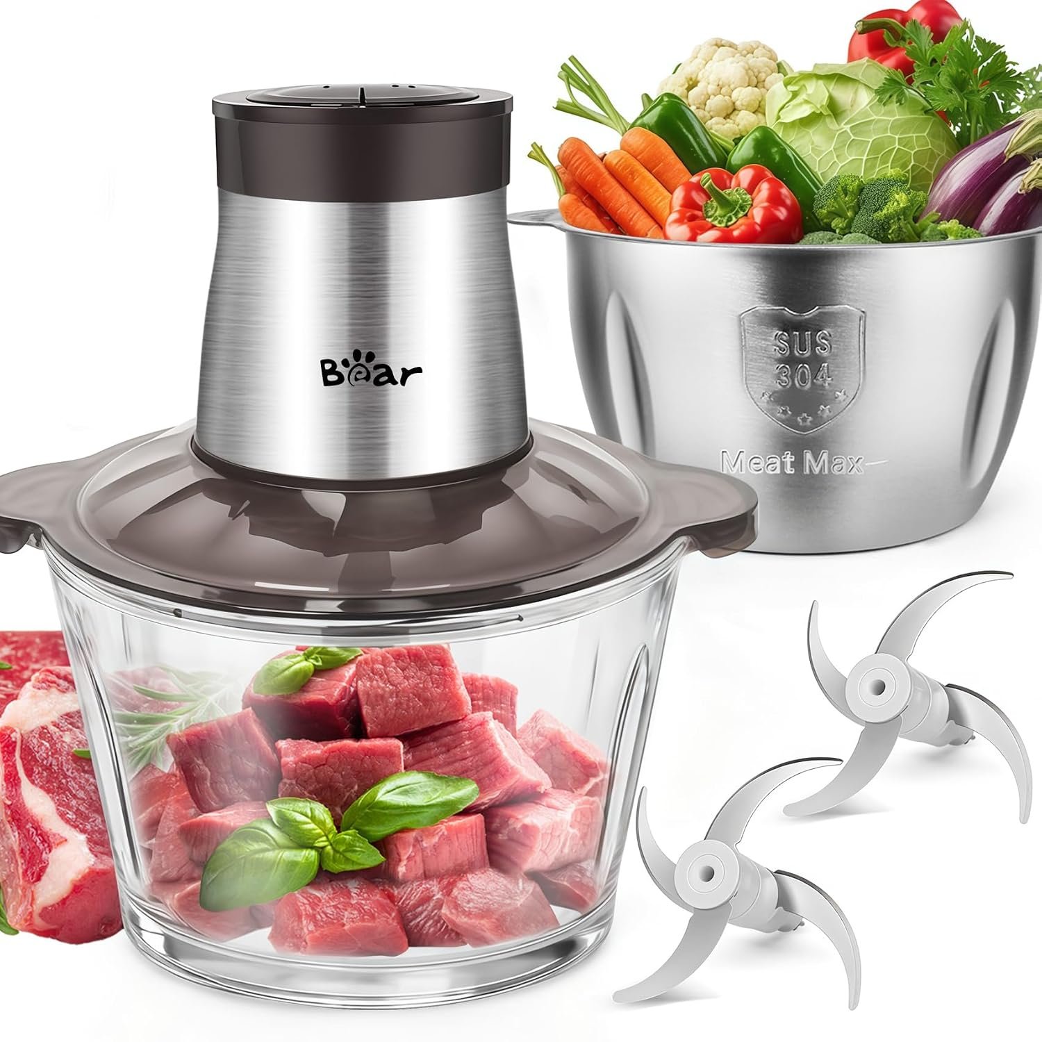 Bear 2L+1.8L Food Chopper, Class of 2 Speed, Electric Kitchen Shredder, 600 W Shredder, with 4 Stainless Steel Blades and Meat Grinder