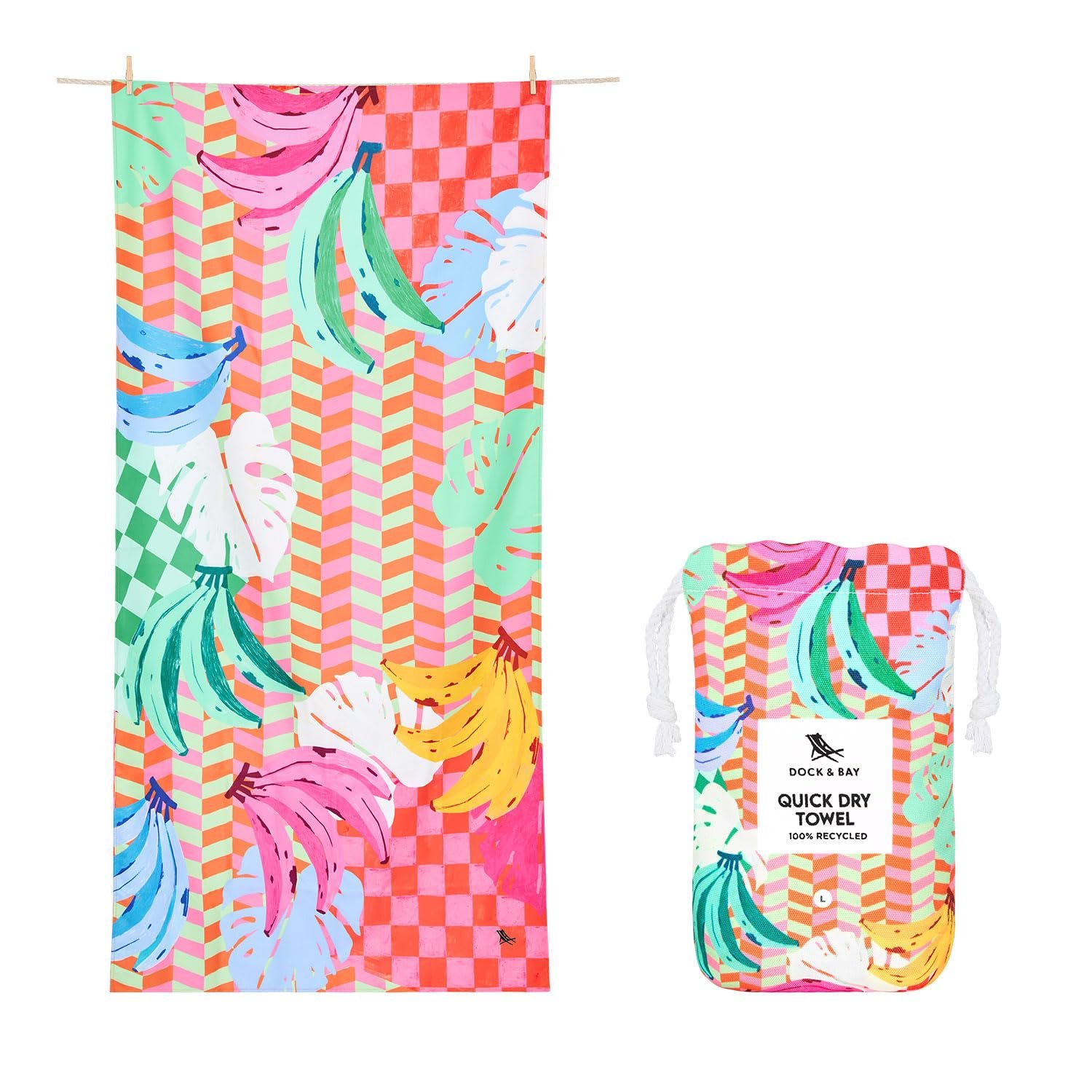 Dock & Bay Beach Towel - Quick Dry, Sand Free - Compact, Lightweight - 100% Recycled - Includes Bag - Banana Karma - Extra Large (200x90cm, 78x35)