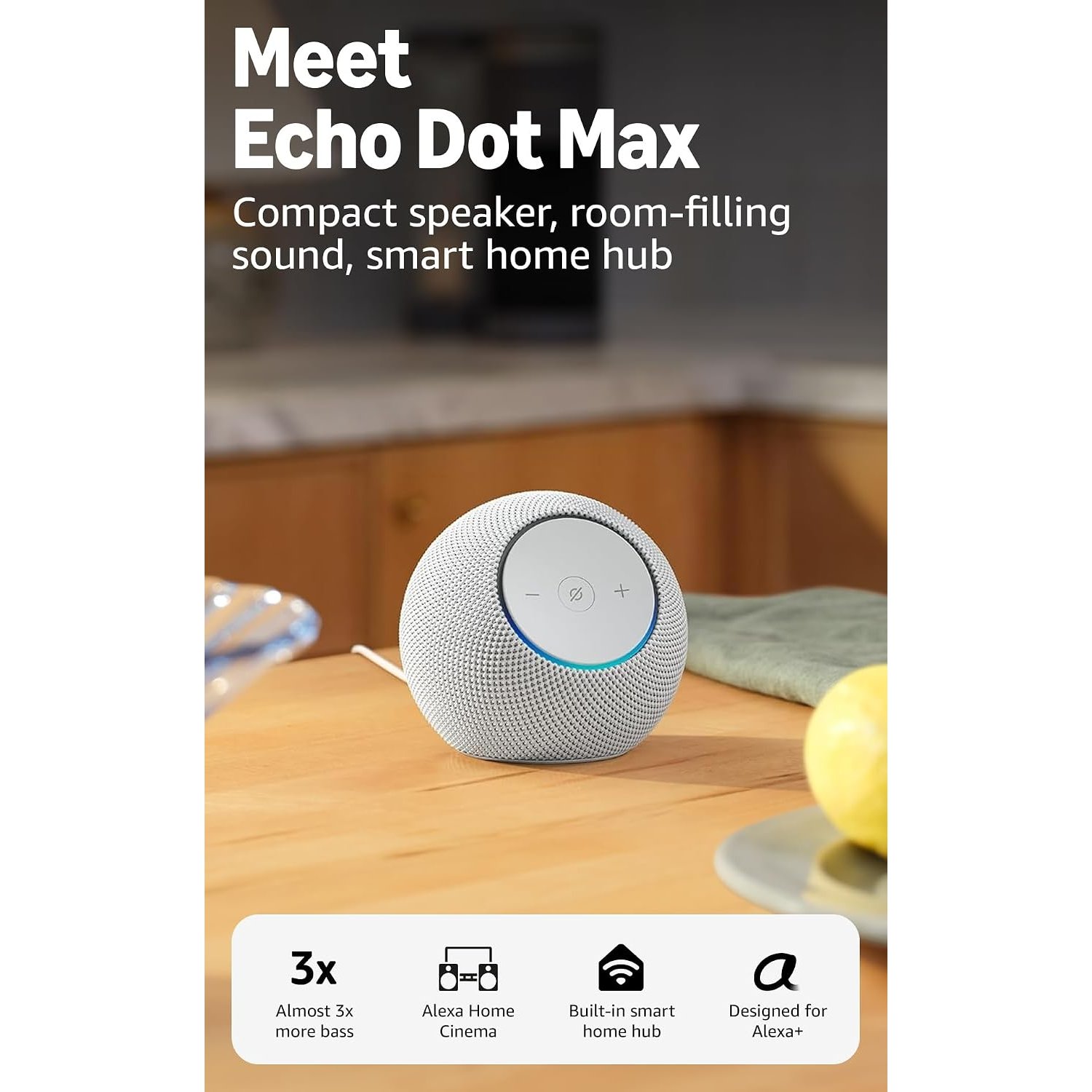 Amazon Echo Dot Max (newest gen), Bluetooth speaker with room-filling sound and built-in smart home hub, Glacier White, with Alexa+ Early Access