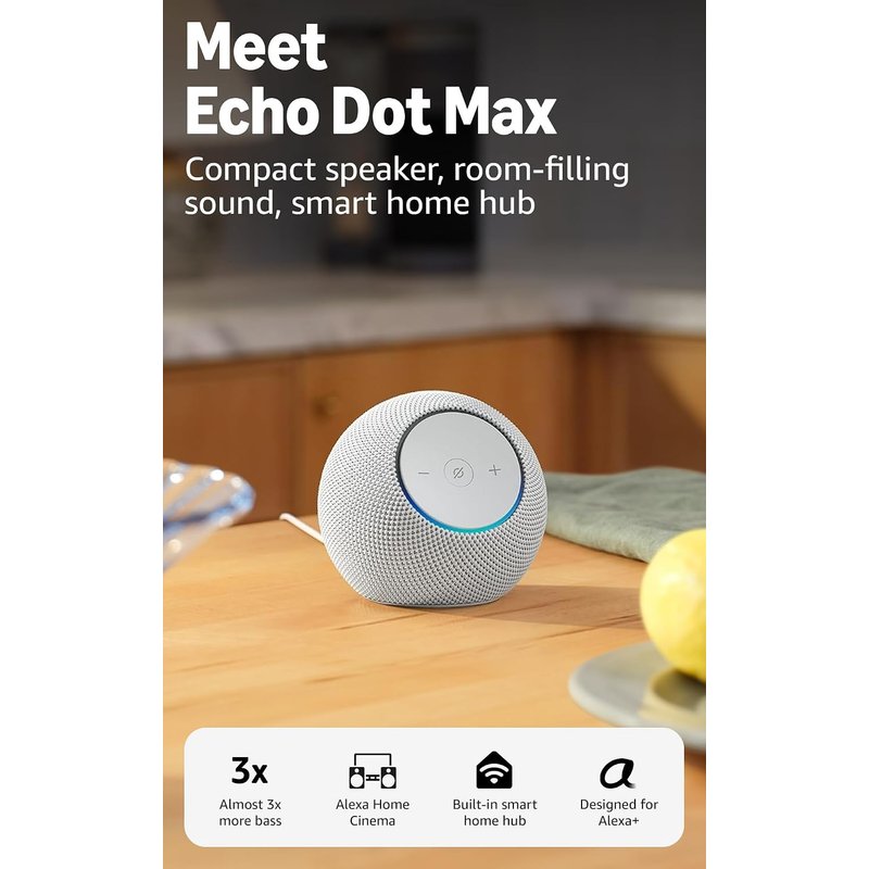 Amazon Echo Dot Max (newest gen), Bluetooth speaker with room-filling sound and built-in smart home hub, Glacier White, with Alexa+ Early Access
