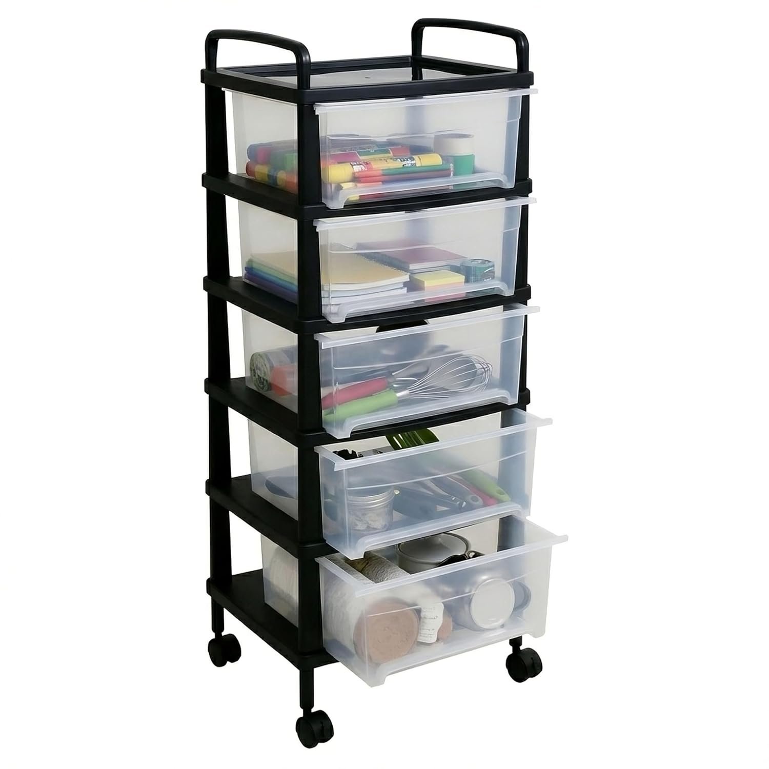 ABBAware Space-Saving 5-Tier Plastic Drawer Tower | Mobile Storage Cabinet on Wheels | Clear Drawers & Black Frame, Multi-Use Organiser
