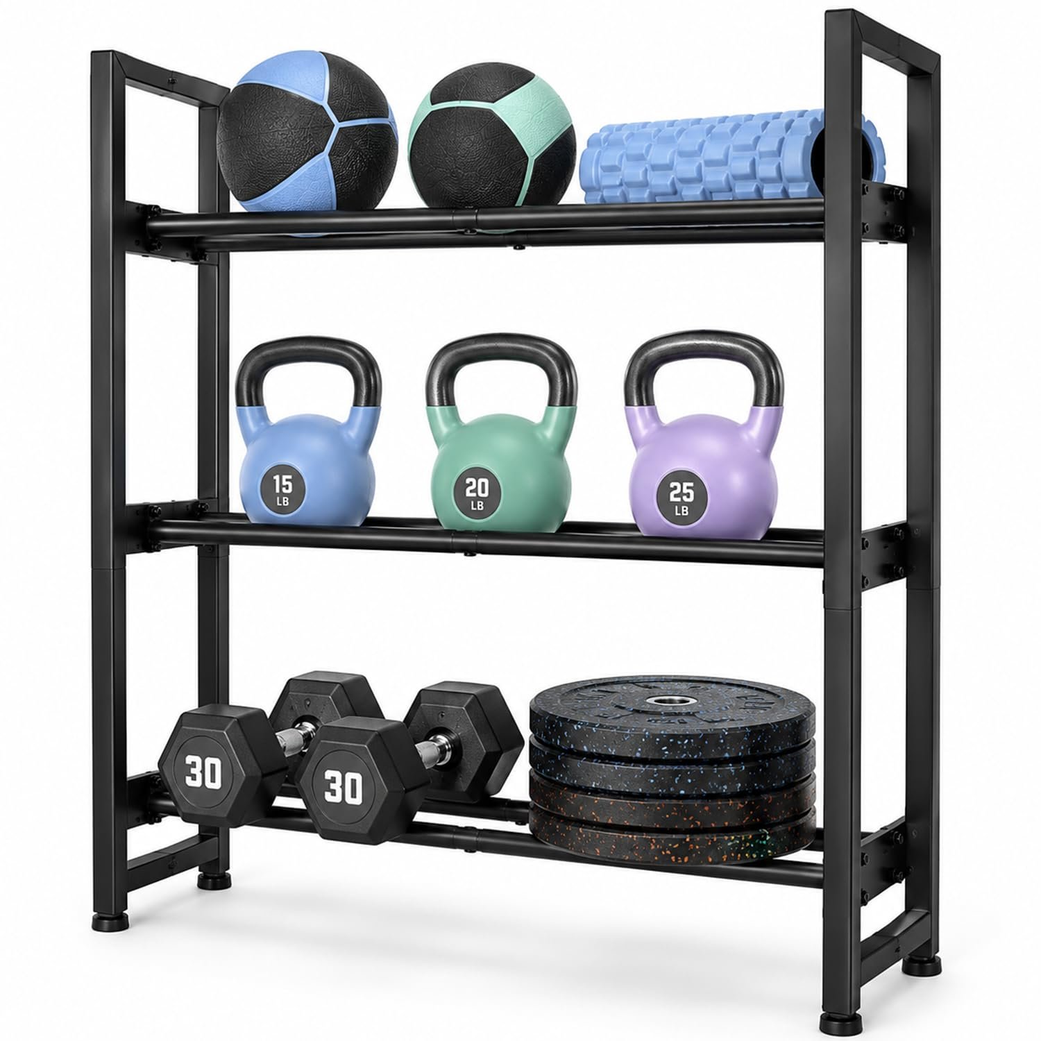 AMONAX 3 Tier Dumbbell Rack, Heavy Duty Steel Weight Storage Rack for Home Gym, Adjustable Shelf Rails for Dumbbells, Kettlebells, Weight Plates and Gym Accessories, Black