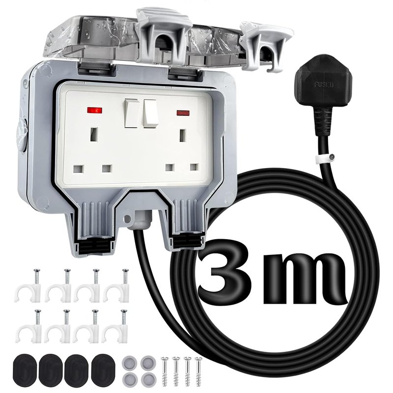 Outdoor Plug Sockets Waterproof 3m Extension Lead Ip66 Weatherproof Double Outside 13Amp 2 Gang External Power Electrical Plug for Outdoors Garden