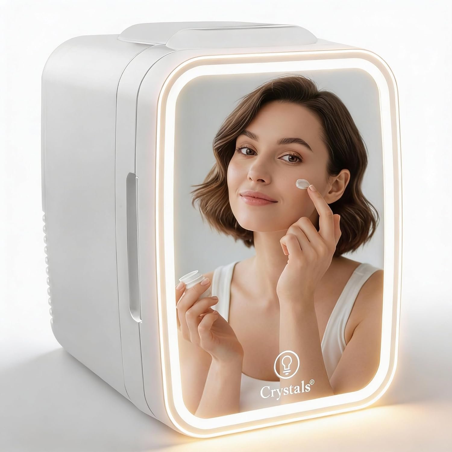 Crystals 4L Mini Fridge with LED Mirror – Portable Cooler & Warmer for Bedroom, Skincare, Makeup, Office, Car & Travel – Beauty Cosmetic Fridge with Dual Power Plugs (12V DC & 220-240V AC) (White)