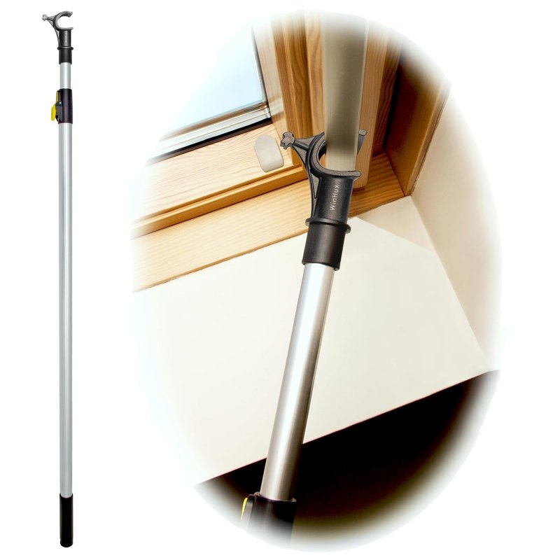 WinHux Telescopic Aluminium Window Pole 1.2-2.0m Extendable Button-Lock Opener Rod for Skylight, Roof Windows & Blinds, Non-Slip Hook, Compatible with Velux GGL GGU, Keylite, Fakro, Rooflite, Dakstra