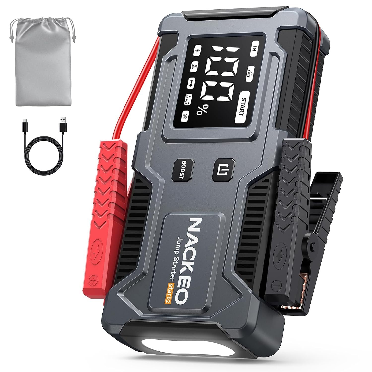 Jump Starter Power Pack 8000A, Safer Built-In Clip Car Battery Booster Jump Starter for 12V Vehicle (up to 9.0L Petrol & 7.0L Diesel Engines) with Boost Function, LED Screen and Flashlight