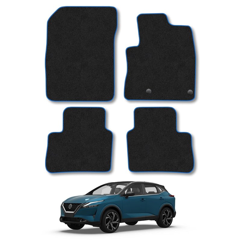 Nissan Qashqai (2021+) [Mild Hybrid Car Mats Accessories Tailored Fit Carpet Floor Mats Non Slip Blue Trim Full Coverage Compatible Accessory Granulated Backing Front Rear Set Anti Slip Clips