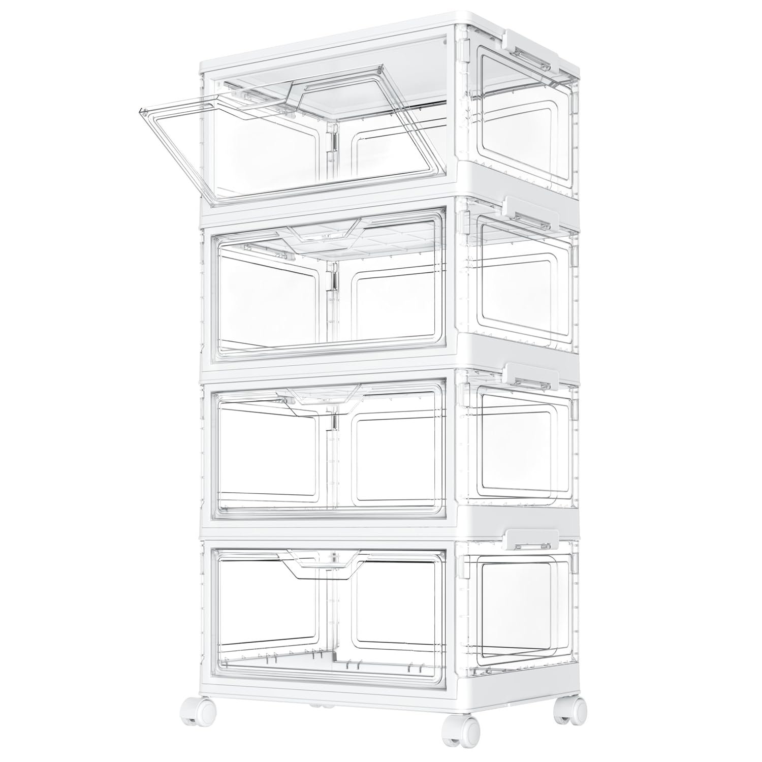 StowBin Storage Boxes with Lid - Plastic Storage Bins with 1 Lid,23L*4 Tier Clear Stackable Storage Boxes with Wheels,Large Bins Organizer for Bedroom Living Room Bathroom,4-Tier&1 Lid