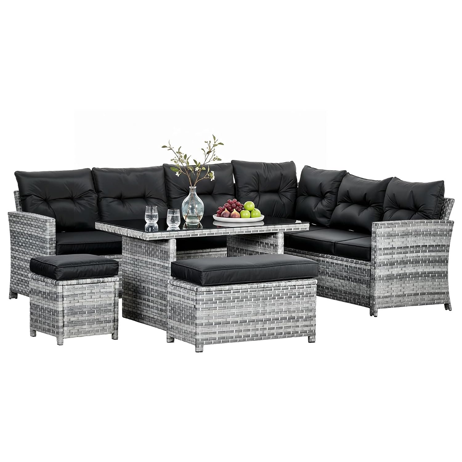 Outsunny 5 Pieces PE Rattan Garden Furniture Set with Corner Sofa, 8 Seater Patio Sofa Set with Glass Table, Stools, Cushions, for Poolside, Mixed Grey