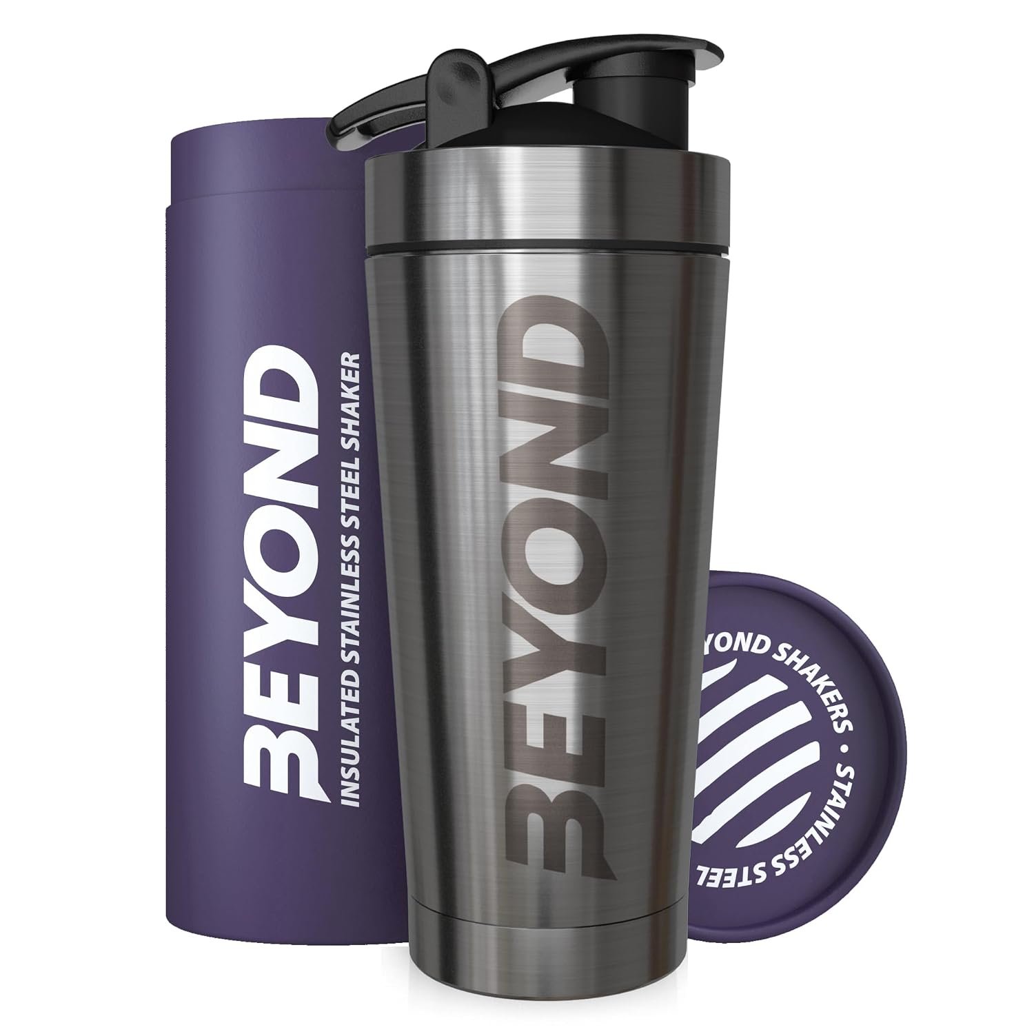 Beyond Shakers Insulated Metal Protein Shaker, Stainless Steel Supplement Bottle - BPA Free for Gym 735ml in Brushed Steel