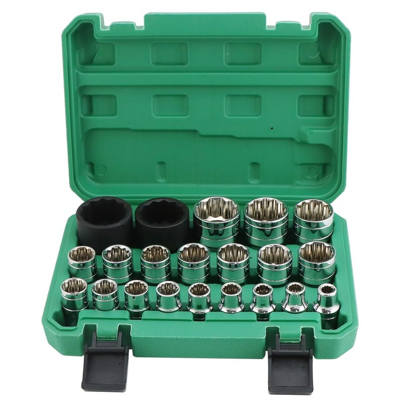 QWORK 21pc 1/2" Cr-V Spline Socket Set, 8-36mm 12 Point Socket Set