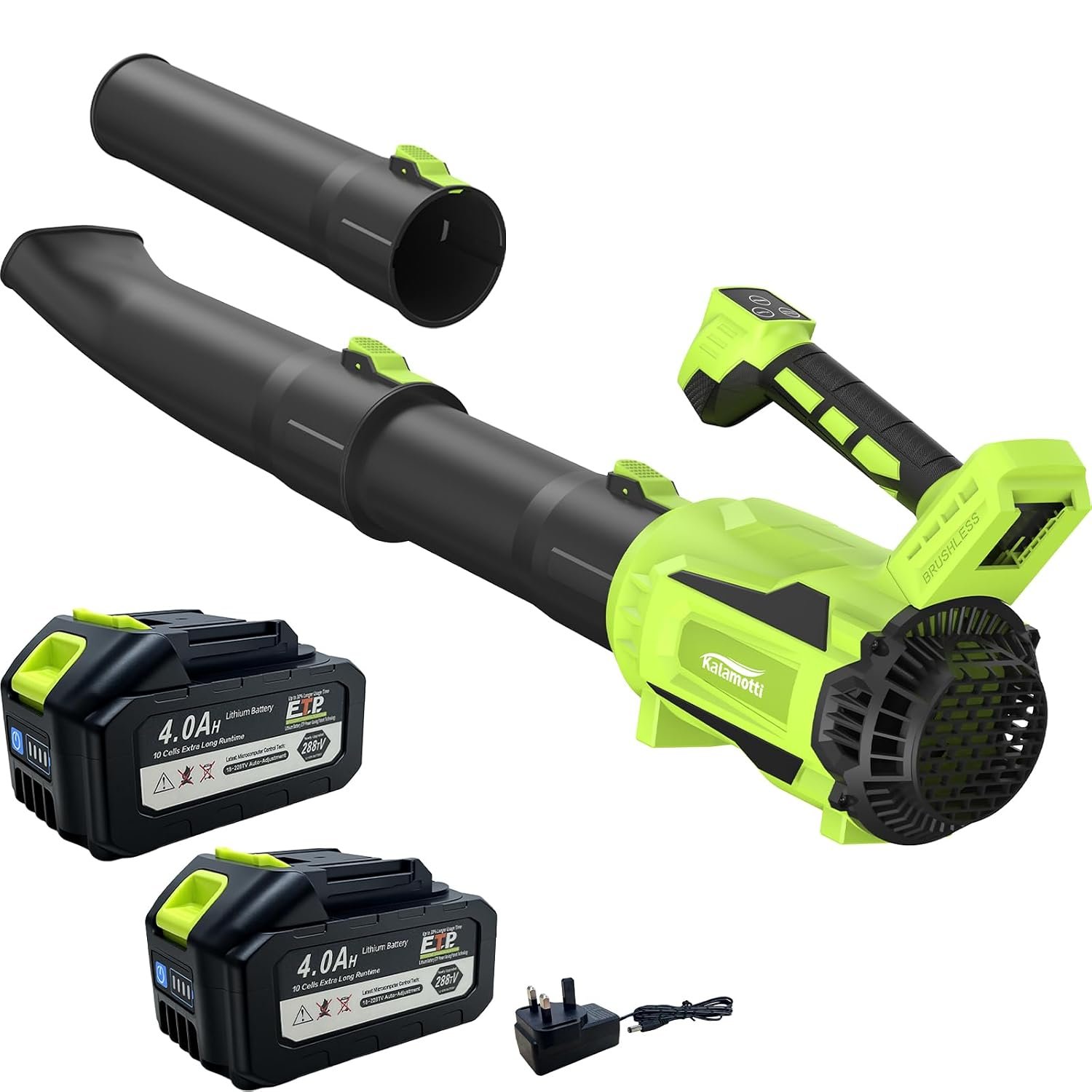 Kalamotti Leaf Blower Cordless, 2×4000mAh Battery with Fast Charger, 2.4KG Lightweight Electric Garden Blowers with Turbo Boost, Brushless Motor Max.210 km/h & 6 Speed Levels for Lawn Care,Yard,Garage