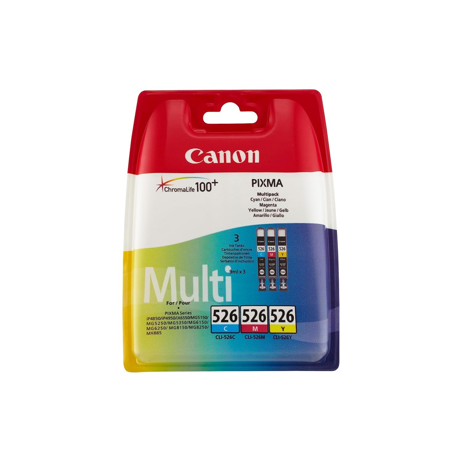 Canon CLI-526 C M Y Pack of 3 cartridges (Cyan Magenta Yellow) Genuine Canon (Plastic Pack)
