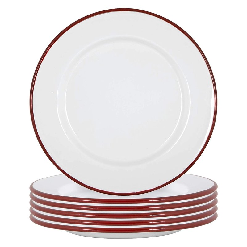 Argon Tableware Enamel Dinner Plates - 25.5cm - Pack of 6 - Red Dining Plates Lightweight Camping Large Dinner Dish for Appetisers, Starters, Mains, Sides, Desserts