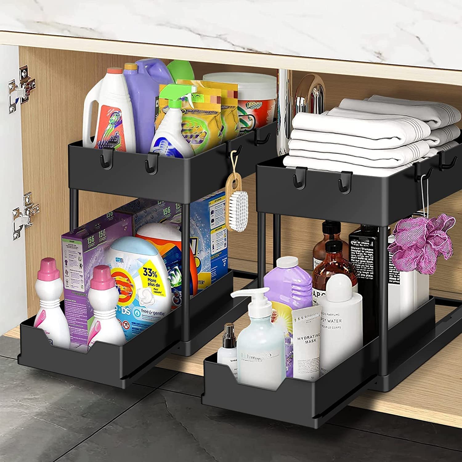 Bnimtm 2 Pack Under Sink Storage Kitchen Organiser - Sliding Drawer Pull Out Organiser with Hooks, Under Sink Shelf Caddy for Kitchen Bathroom