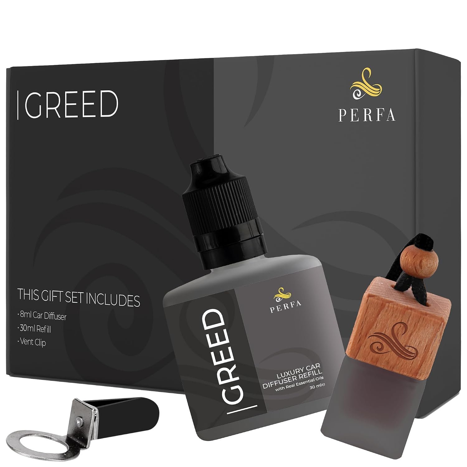 Greed Gift Set with Refill Bottle | Perfume Style Freshener | Strong Car Freshener with Odour Eliminator Technology | Automotive Air Freshener | Car Scents by Perfa