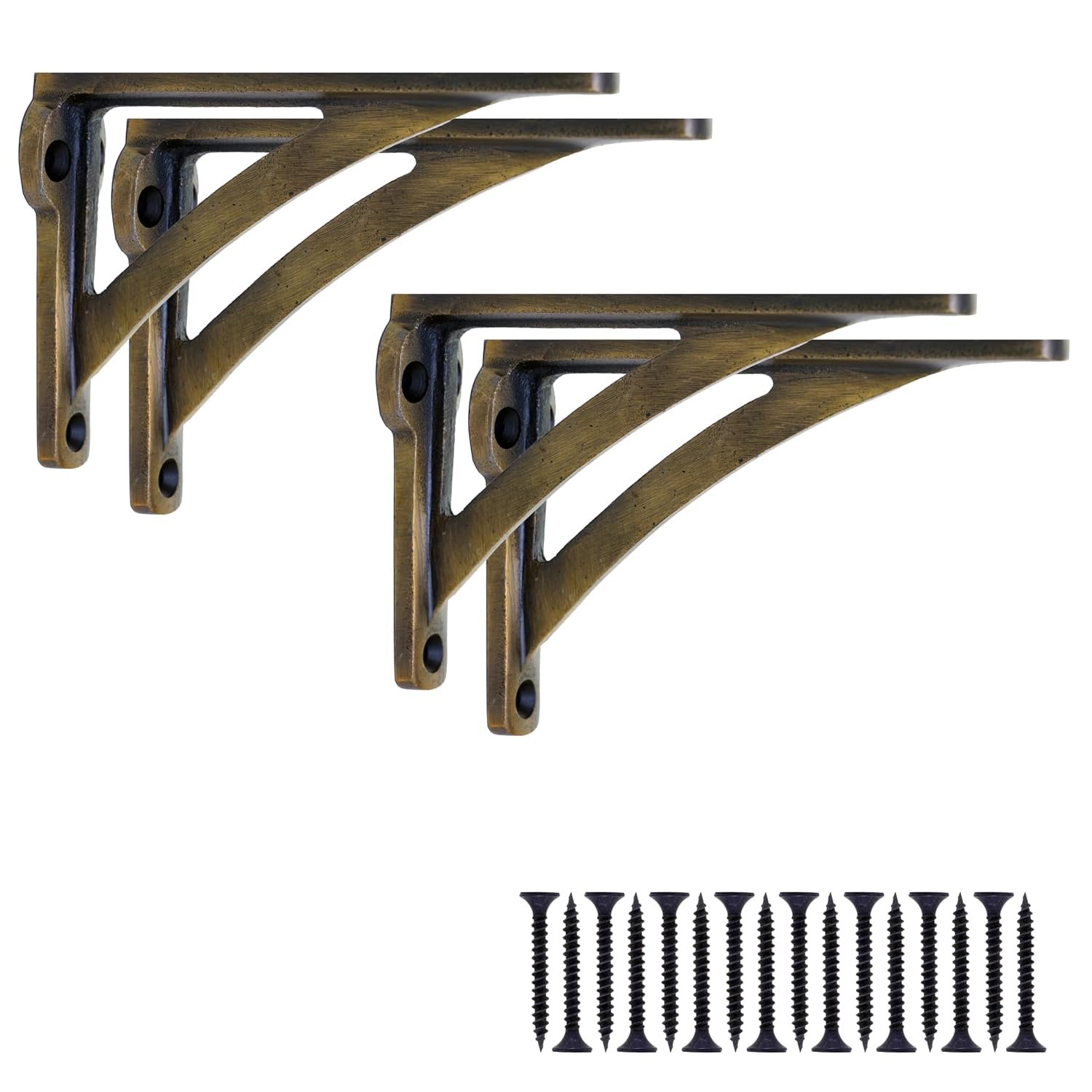 EDUWURXS Ironbridge Cast Iron Antique Brass Shelf Brackets | Heavy Duty Wall Brackets for Shelves | Rustic Supports for Kitchen, Living Room & Outdoor | 3x4.5 (Pack of 4)