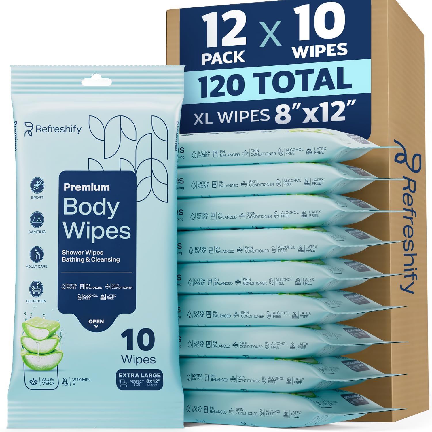 120 XL Shower Wipes – Body Wipes for Adults Bathing No Rinse – 12 Packs of 10 – Extra Moist Bath with Aloe & Vitamin E for Camping, Travel, Gym & Bedridden Care
