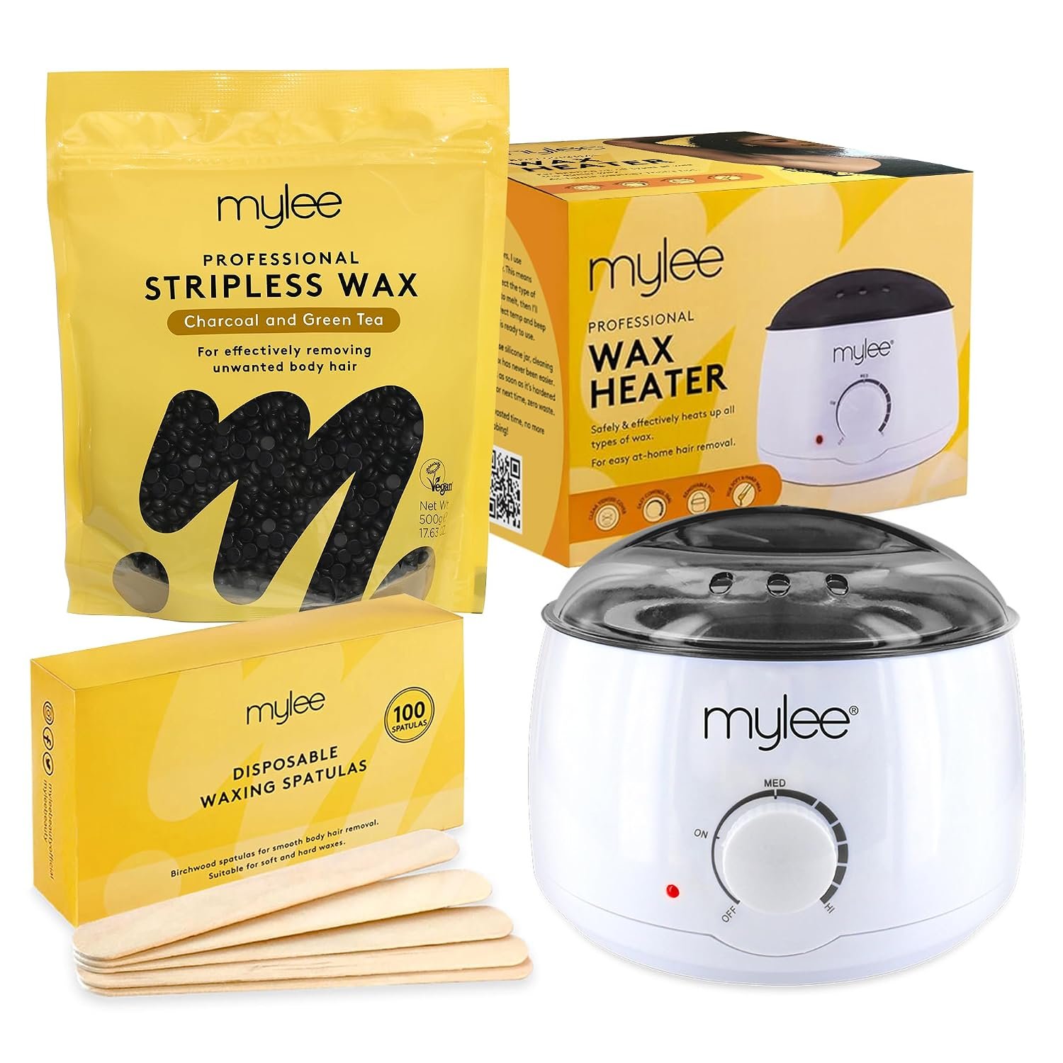 Mylee Professional Waxing Kit for Women & Men – Electric Wax Pot Heater, 100 Spatulas & 500g Premium Italian Stripless Hard Wax Beads – Complete Hair Removal Set (Charcoal & Green Tea)