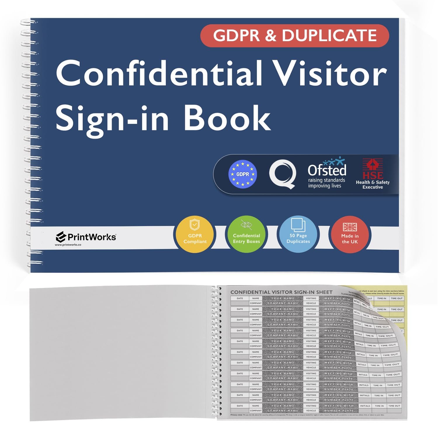 Confidential Visitor Sign in Book - GDPR Compliant A4 Visitors Book for Office, Workplace, School or Reception - 50 Page Carbonless Duplicate Log Book for Signing in and Out - UK Made