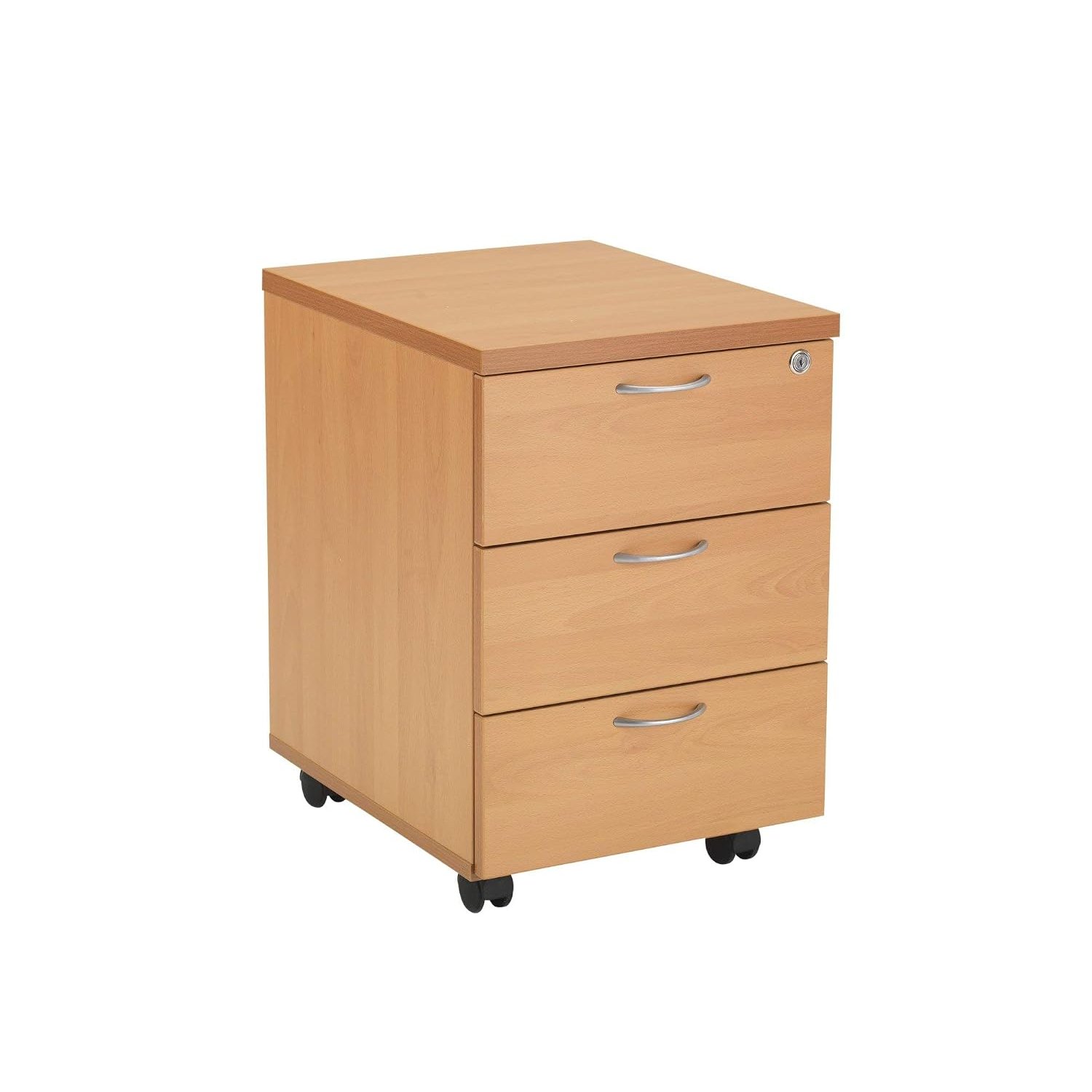 Office Hippo Heavy Duty 3 Drawer Mobile Pedestal Storage Cabinet, Office Storage with Beech Wood Finish, with Anti-Tilt Mechanism & Lockable Storage, 5 Year Wty By Office Hippo - Beech