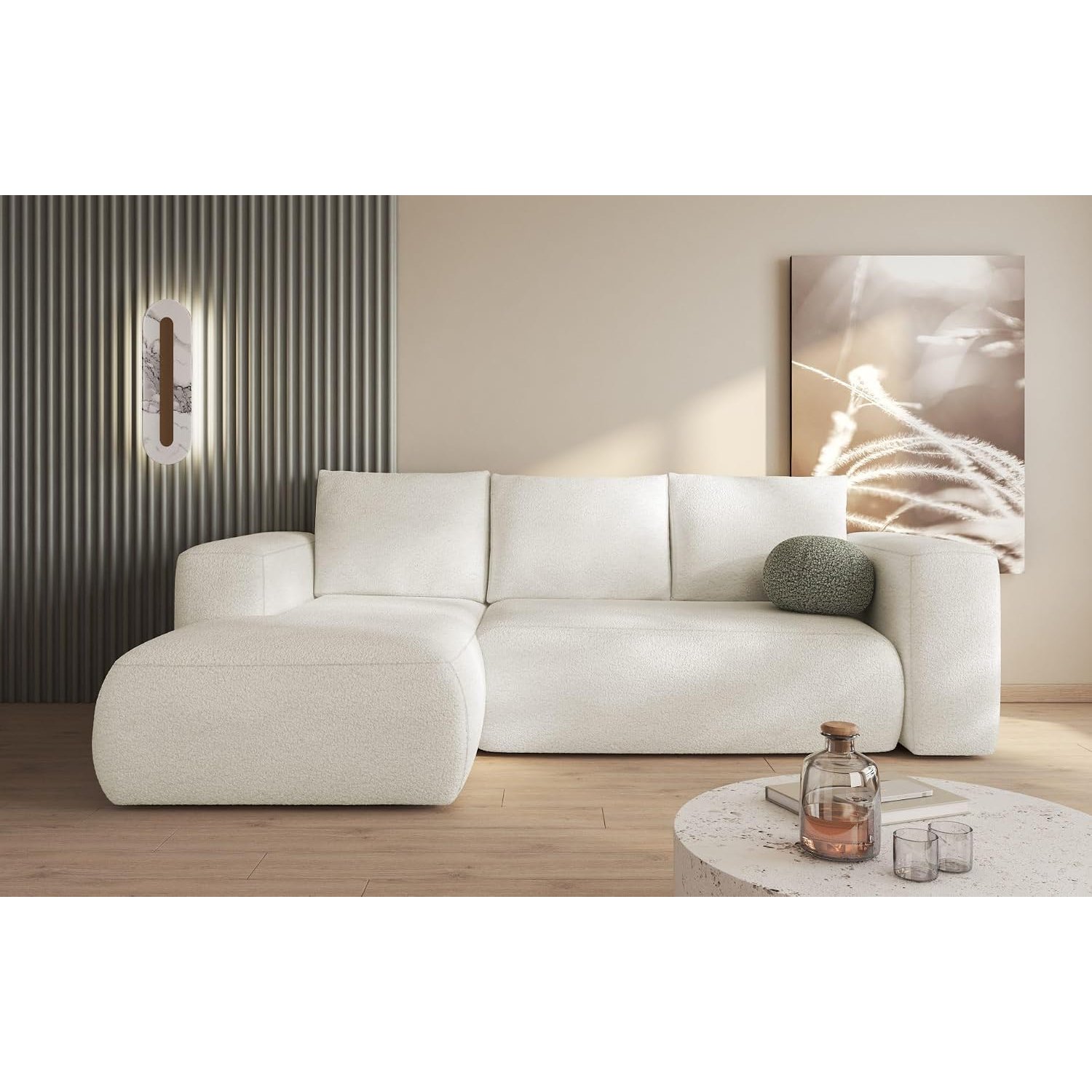 Easy4You Lambi Cream Corner Sofa L-Shape Left 266 x 89 x 164 cm with Sleep Function and Storage Space - Sofa Bed with Bed Box - Modern Living Room Furniture - Fabric: Boucle 01