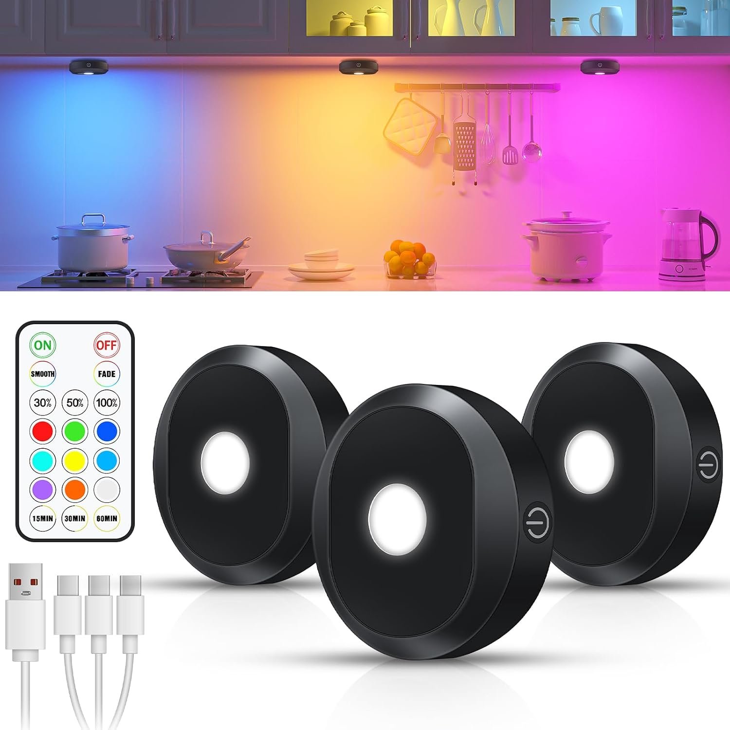 WILLED RGB Puck Lights,Rechargeable Under Cabinet Kitchen Lights with Remote Control, Wireless Under Counter Light with Timer Function,Dimmable LED Touch Light for Kitchen,Cabinet,Closet,3 Pack