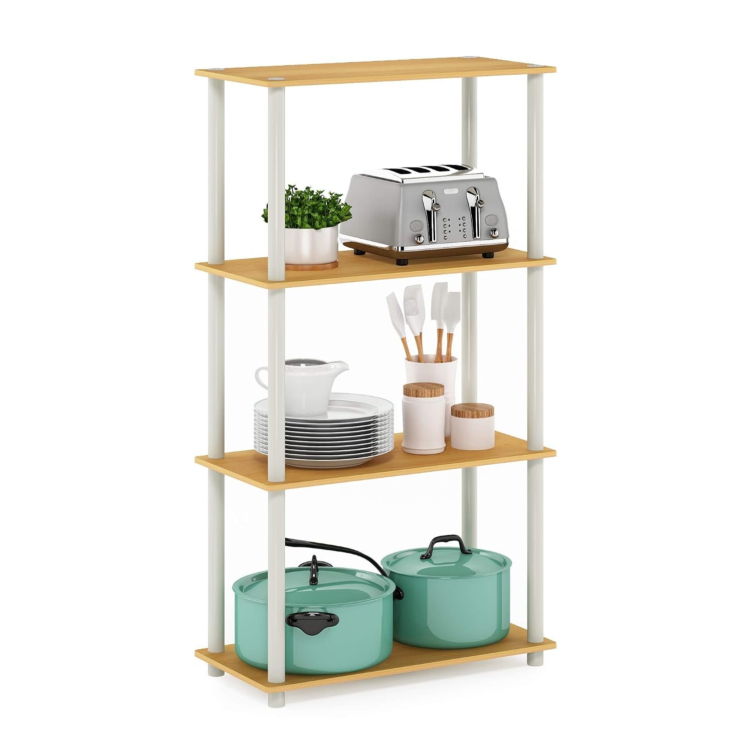 Furinno TURN-N-TUBE Standing Shelf, 4-Tier Open Shelving Unit with Round Tubes, Toolless Display Storage Shelves, for Organization and Storage, Living Room, Bedroom, Home Office, Blonde Maple