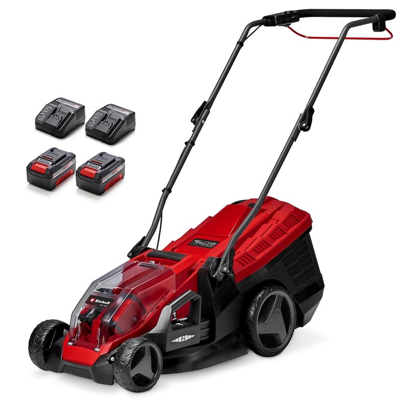 Einhell Cordless Lawnmower with Battery (x2) and Charger (x2) 36V Power X-Change, 36cm Cutting Width, 40L Grass Box, Brushless Motor, 6 Cutting Heights GE-CM 36/36 Li Electric Lawn Mower