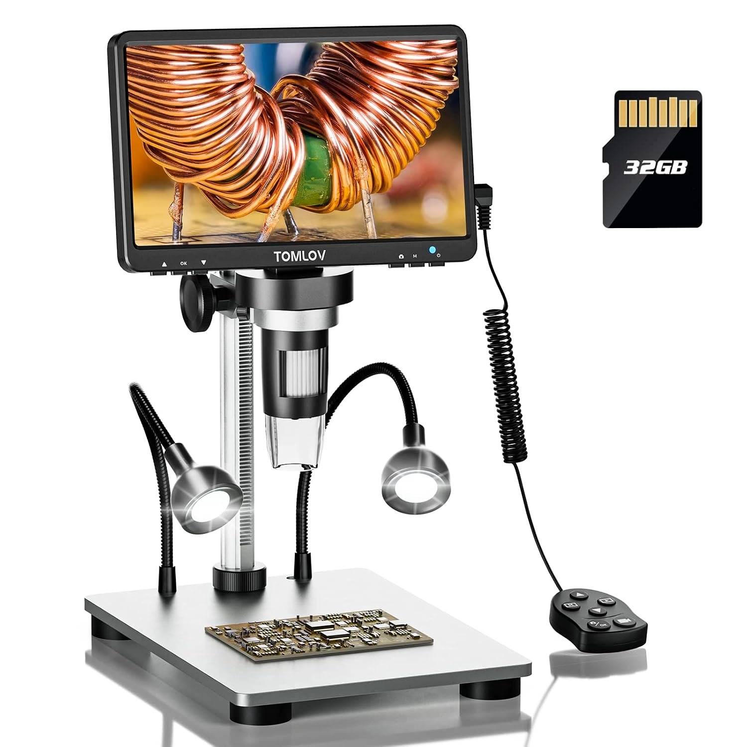 TOMLOV DM9 7" LCD Digital Microscope 1200X, 12MP Coin Magnification, 1080P HD Video Soldering USB Scope for Adult, with LED Light, Adjustable Metal Stand, PC/Windows/Mac Compatible, 32GB Card