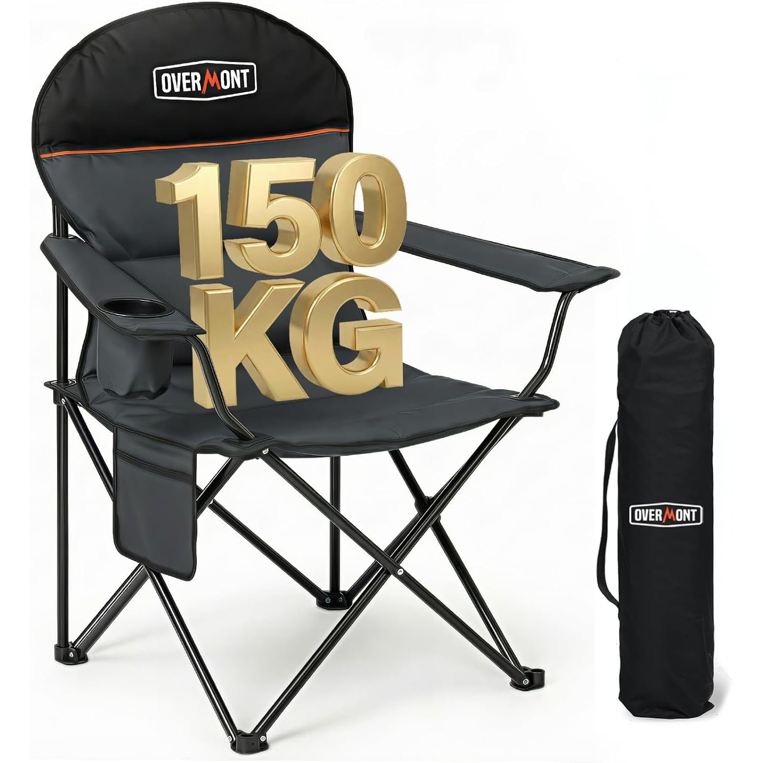 OVERMONT 150kg Oversized Camping Folding Chair for Adults with Cup Holder & Carry Bag-3.4kg lightweight Lawn Chair Support 330 LBS with High Back Comfy for Garden Picnic Beach
