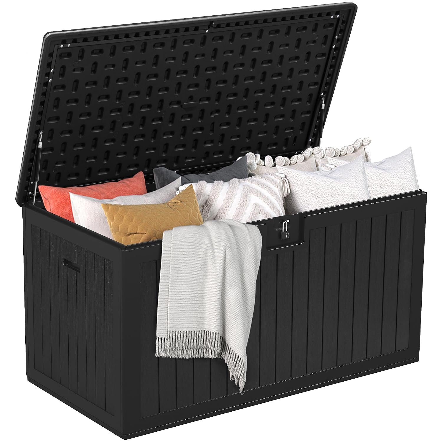 DWVO 270L Outdoor Resin Deck Box with Wheels, Waterproof Garden Storage Box for Patio Cushions, Sports Gear & Garden Tools, Lockable, Black