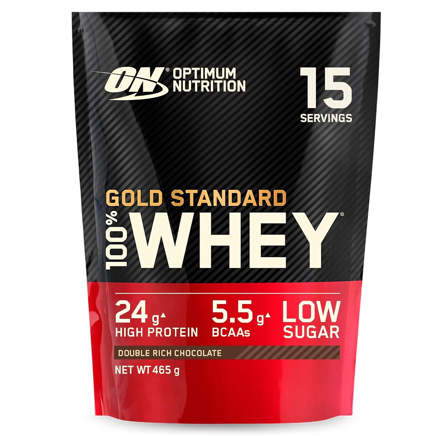 Optimum Nutrition 100% Gold Standard Whey Protein Powder, 24g Protein, Double Rich Chocolate, BCAA, low-sugar, Fast-Digesting Isolate for Muscle Gain & Recovery, 465 g, 15 Servings