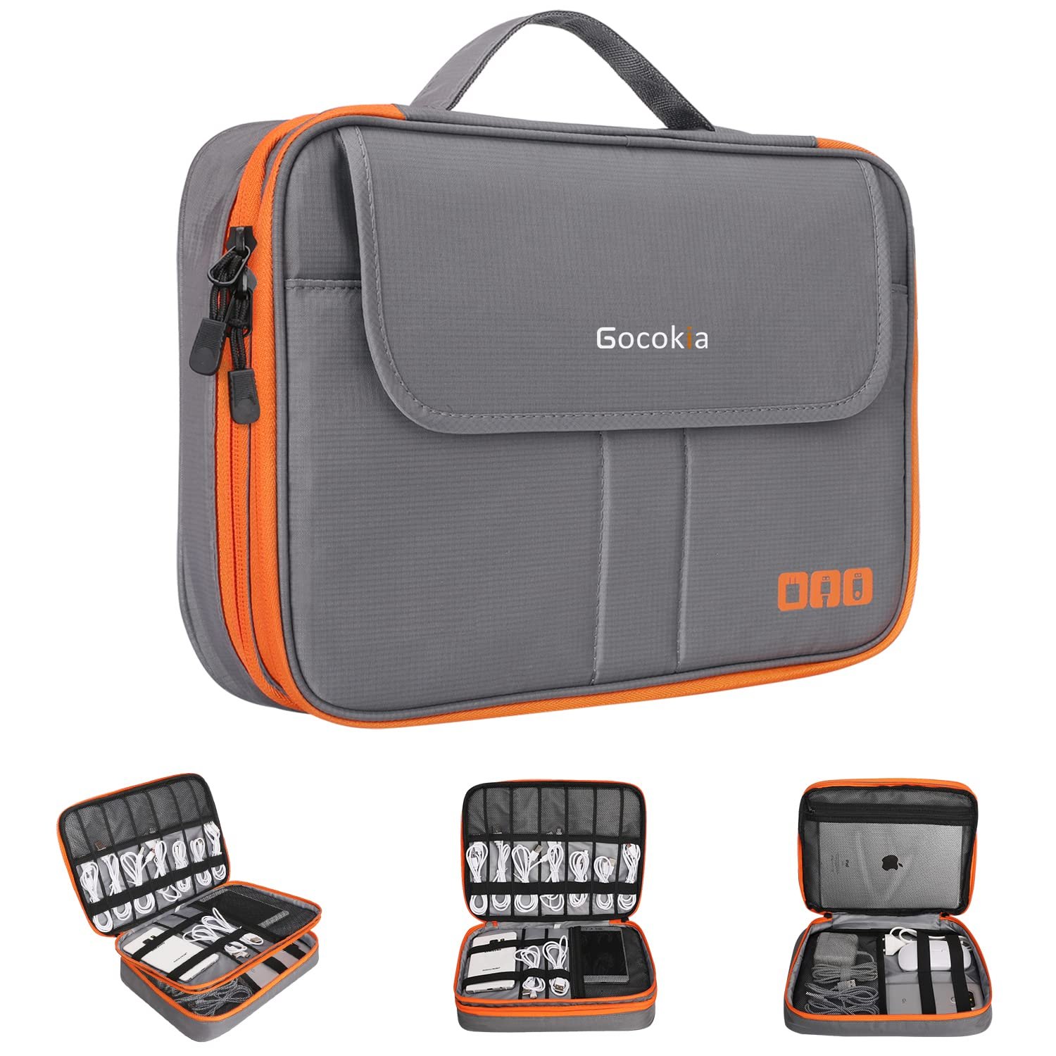 Gocokia Double Layers Large Capacity Travel Electronic Accessories Organizer Bag, 2 Front Pockets Travel Gadget Carry Case, Perfect Size Fit for iPad,iPhone,Cables,Power Bank,Tablet(10.2’’)-Grey