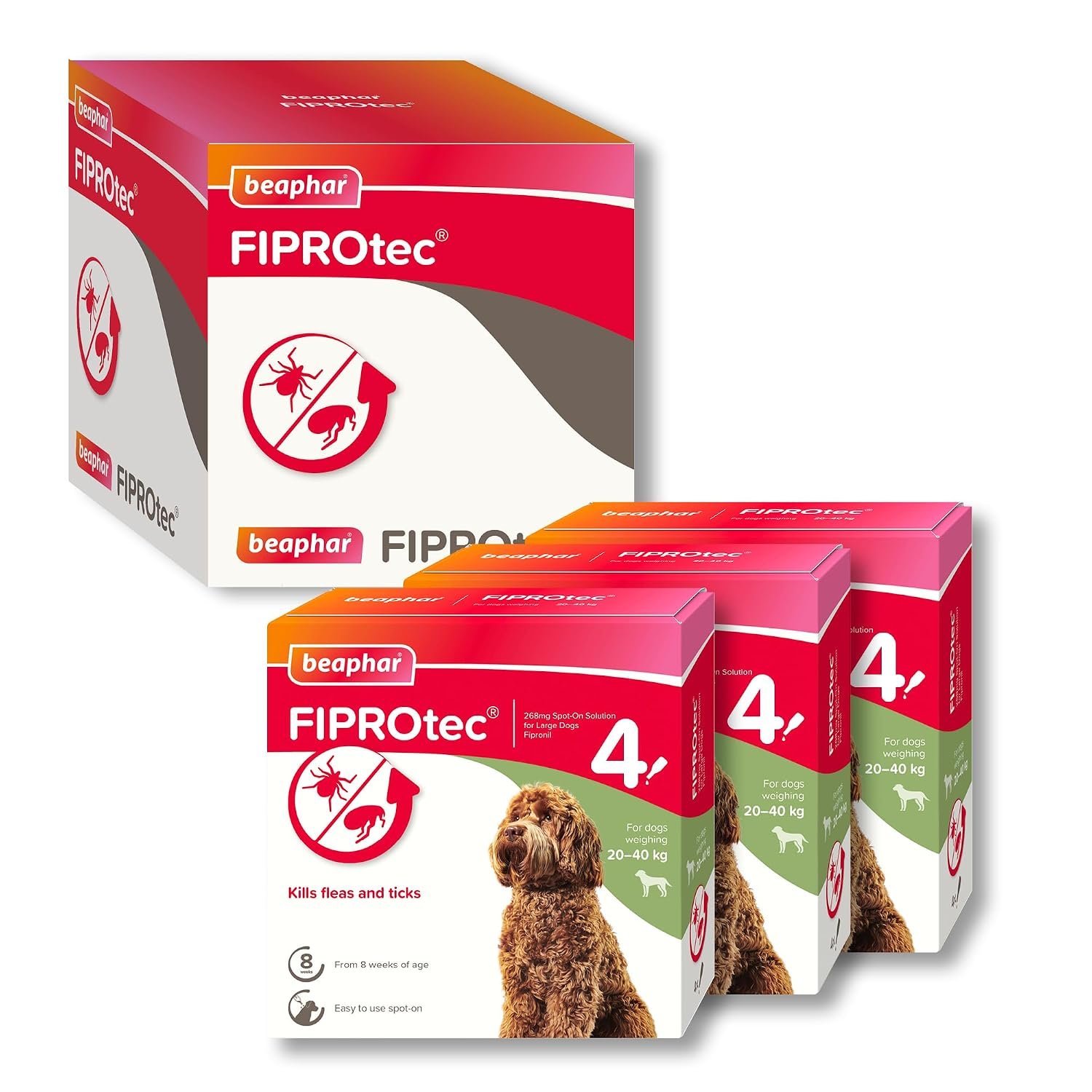 Beaphar - FIPROtec Spot-On Flea & Tick Treatment for Large Dogs 20-40kg – 12 Treatments - Kills Fleas & Ticks - Veterinary Medicine - Easy to Apply Monthly - Suitable for Dogs & Puppies from 8 Weeks