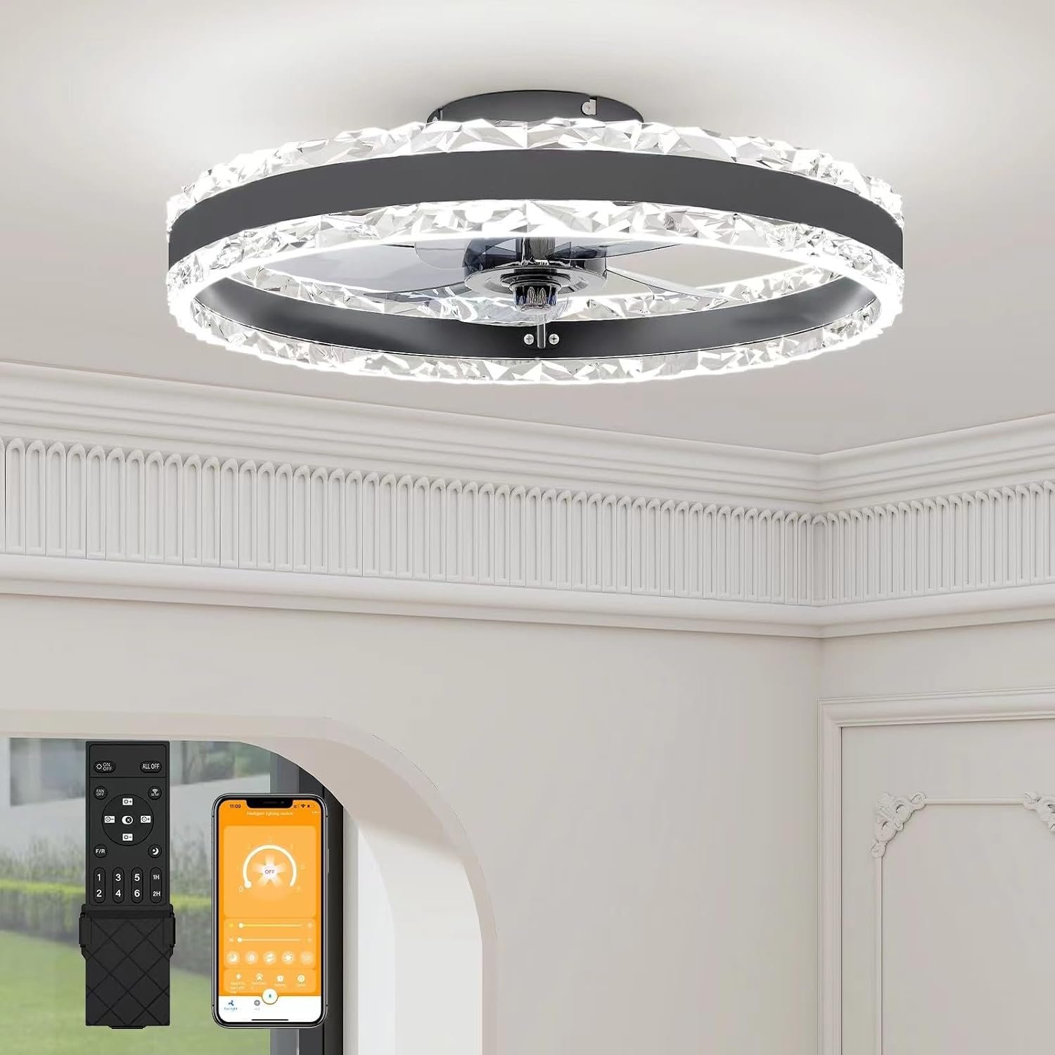 VOLISUN Ceiling Fans with Lights and Remote, 50cm Luxury Smart Crystal Ceiling Fan Light, 6 Speeds and 3000K-6500K Dimmable Quiet Fan Ceiling Lights for Bedroom Living Room Dining Room (Black)