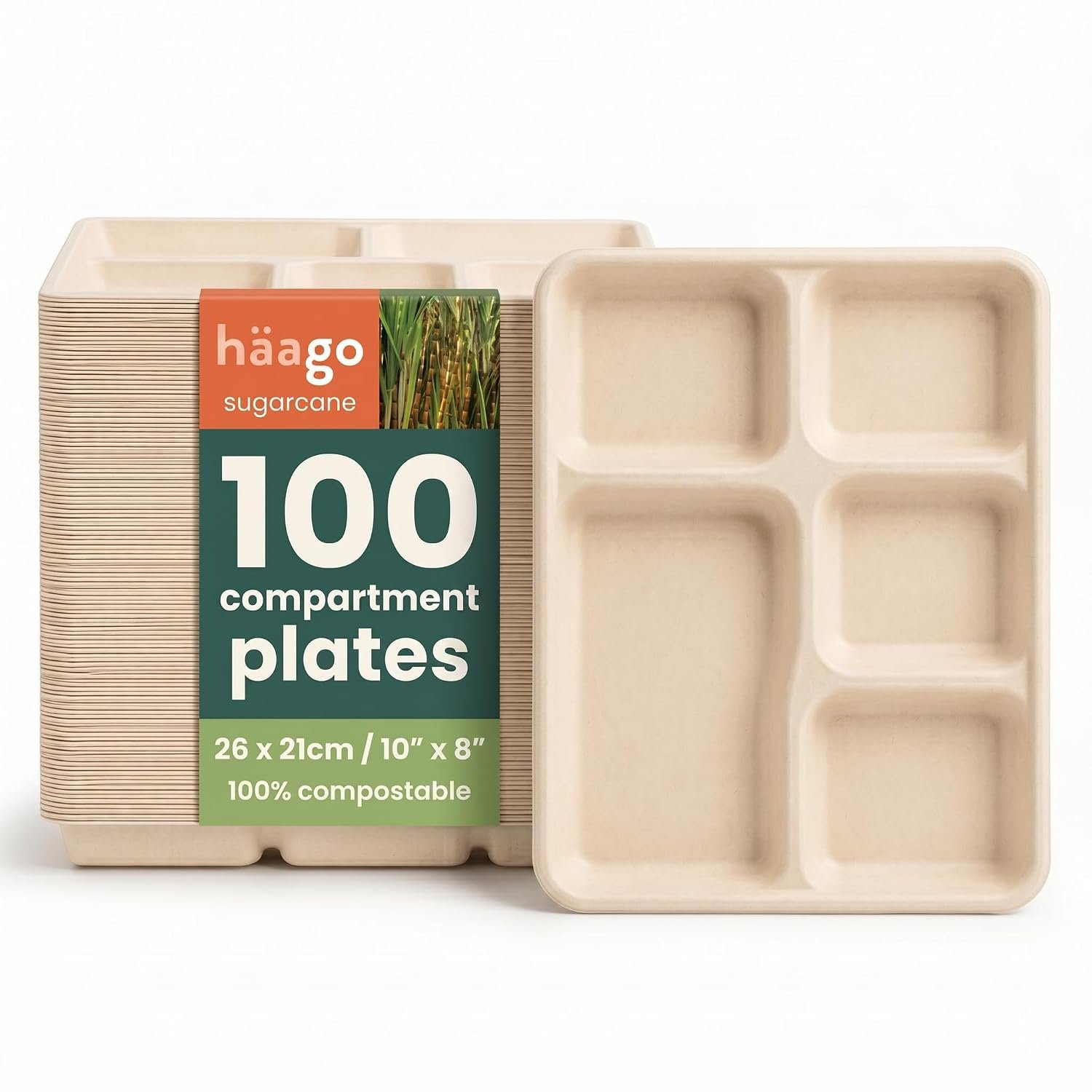 HAAGO 100 Strong Biodegradable Compartment Plates 26x21cm – 5 Section Sugarcane Bagasse Trays - Heavy Duty, Grease- & Leak-Proof - Compostable Paper Plates for Hot & Cold Food, Party & Catering
