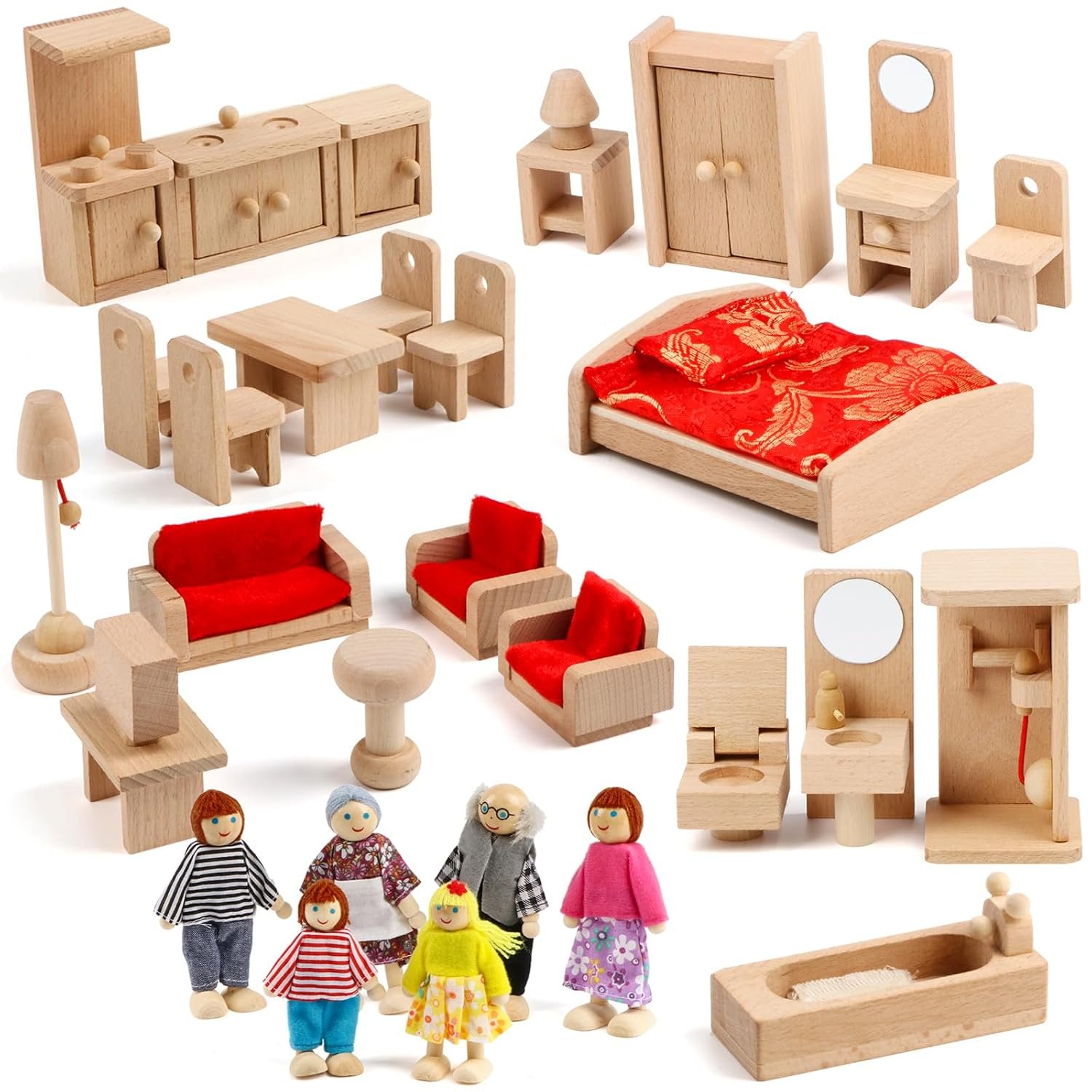 KABENFIS 5 Sets Dollhouse Furniture Accessories with a Family of 6 Dolls, Decoration, Pretend Play Toys for Girls and Boys