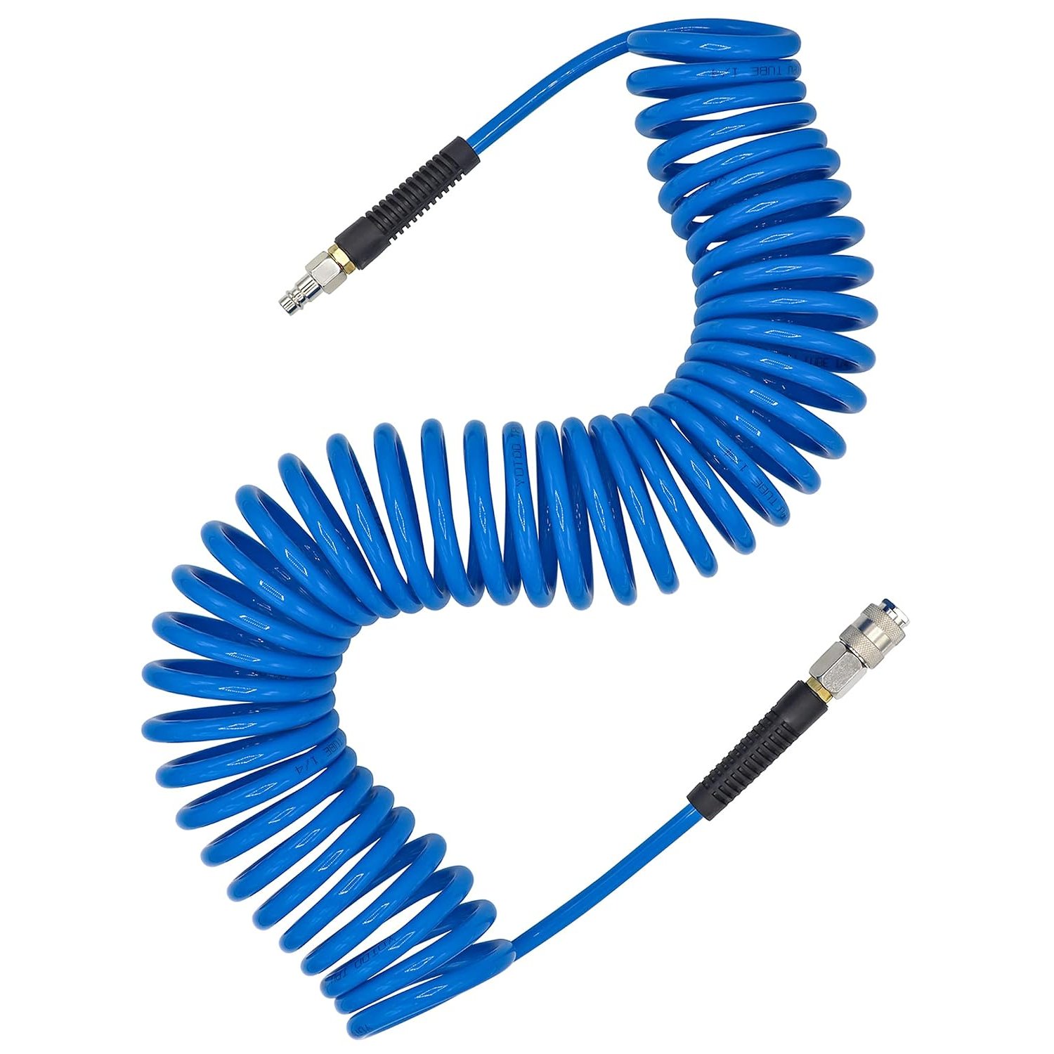 YOTOO Air Compressor Hose Polyurethane Recoil 10m Long 6mm ID x 9.5mm OD with Bend Restrictor, 1/4" Europe Quick Coupler and Plug, Blue