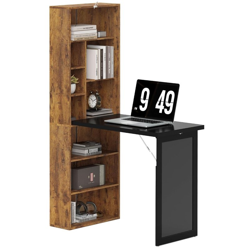 HOMCOM Wall Mounted Computer Desk, Space Saving Folding Study Table with Black Board, Bookshelf, Floating Writing Desk with Adjustable Shelf, 9 Open Compartments for Small Space, Rustic Brown