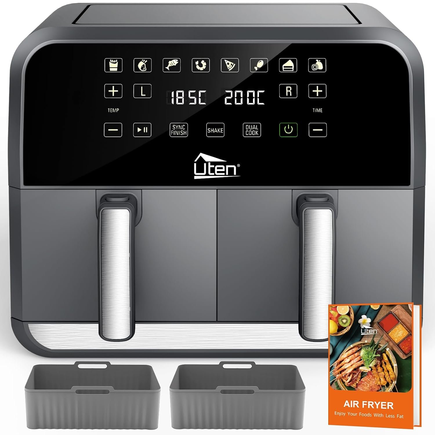 Uten Dual Air Fryer, 8L Air Fryer Dual Basket with 2 Silicone Liners, 114 Recipes, 8 Cooking Presets, SYNC Finish, Dual Cook and Shake Reminder Functions, Dishwasher Safe Baskets
