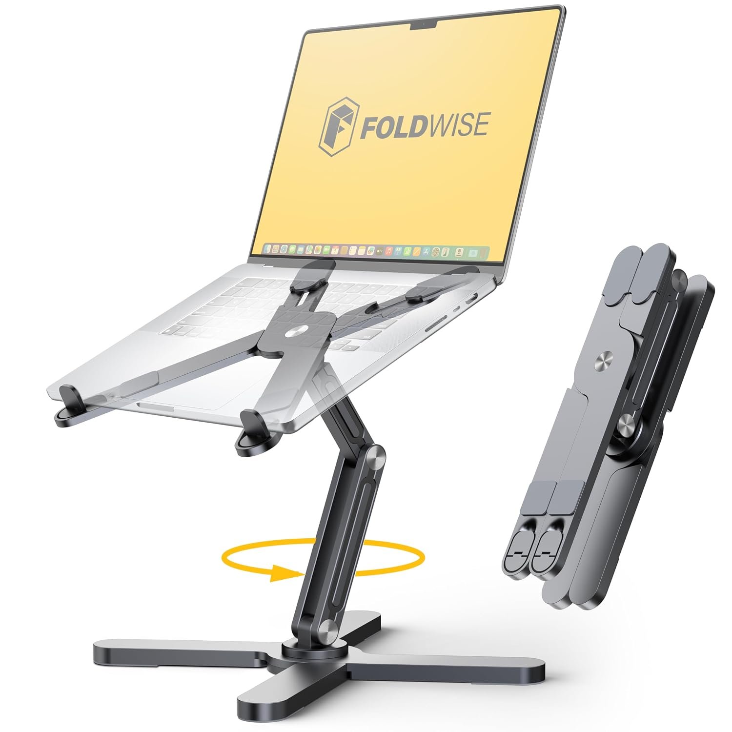 FoldWise X Premium Laptop Stand for Desk - 100% Aluminium, Portable & 360° Rotating - Adjustable Height & Angles Laptop Riser - Sturdy & Foldable MacBook Stand Compatible with All 11-18” Devices