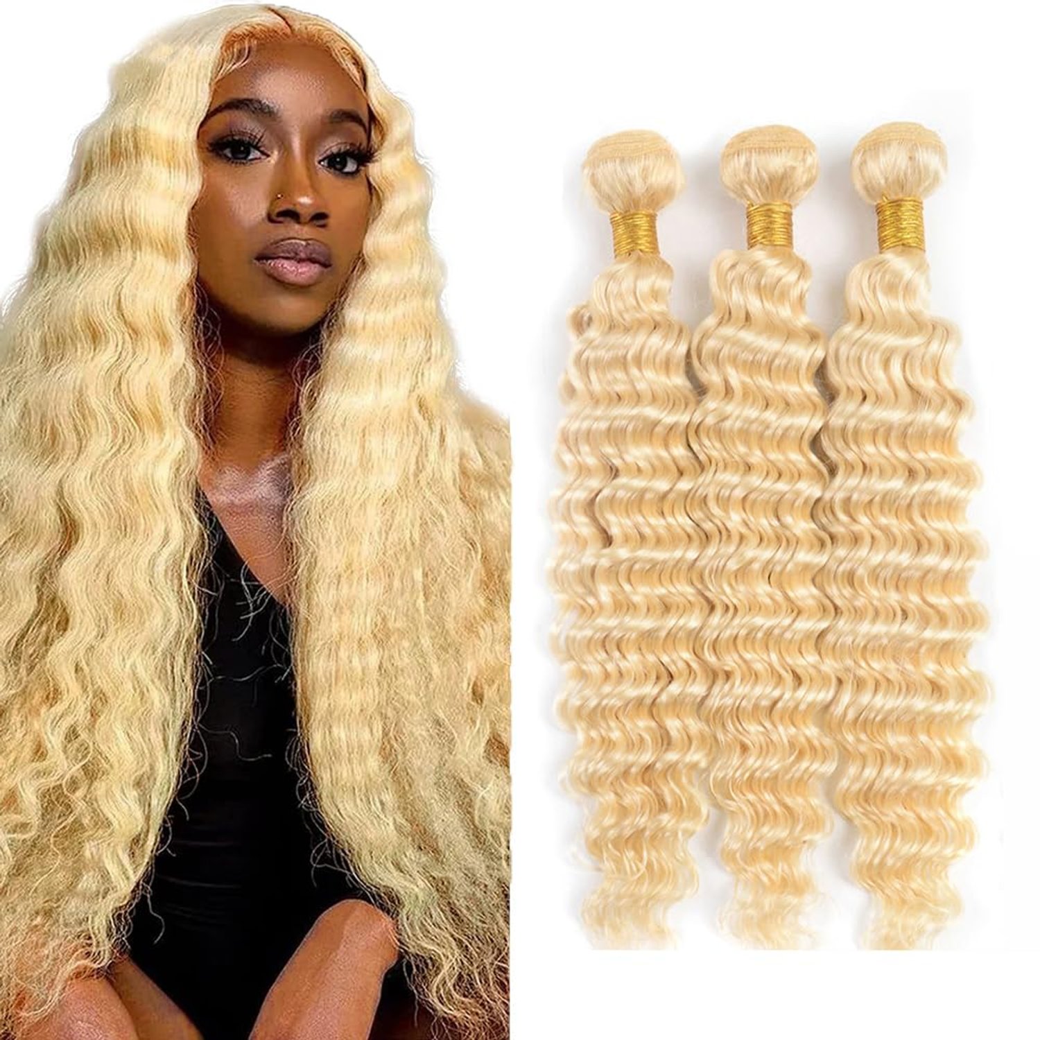 Jucames Deep Wave #613 Blonde Human Hair Bundles 24 26 28 Inch Double Weft Virgin Unprocessed Human Hair Extensions Weave 3 Bundles Total 150g For Women
