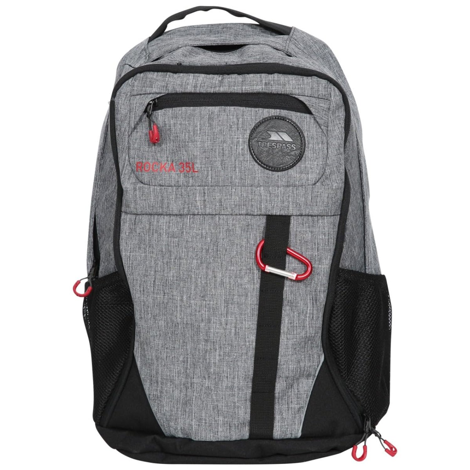 Trespass Unisex Backpack Rocka - 35L, 3 Zip Sections, Padded Back and Shoulder Straps, Laptop Compartment, Dual Stretch Mesh Pockets, Carabiner Clip, Attachment Loops, Polyester