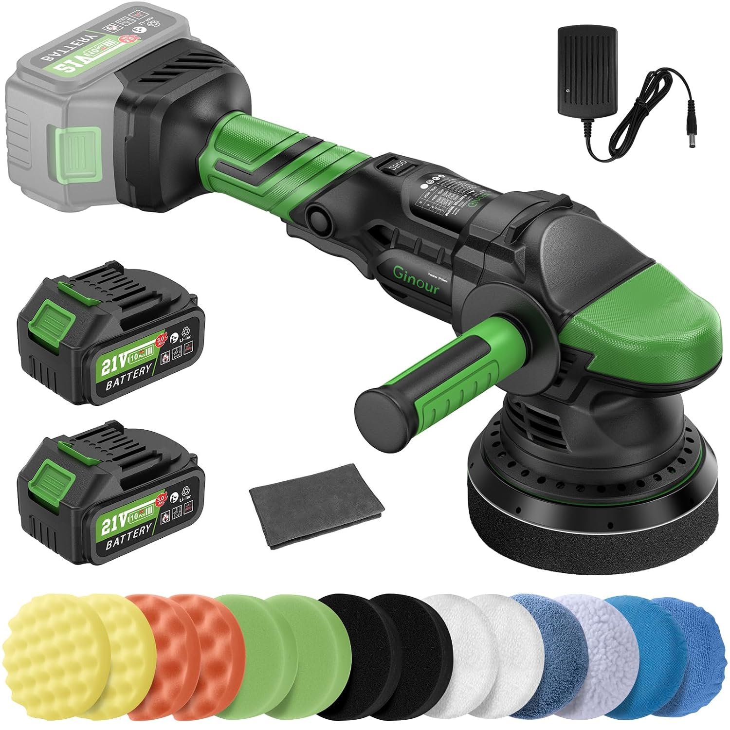 Ginour Cordless Car Polisher for Car Detailing, 900W Brushless Dual Action Car Polisher with 2*21V3.0AhBatteries, 5 Variable Speeds 2000-4600OPM, Car Buffer Polisher Machine with Side Handle, 5in disc
