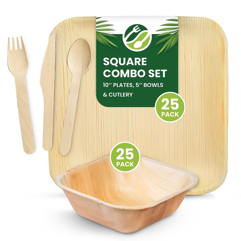 Eco Leaf 125pcs Disposable Palm Leaf Plates, Bowls and Wooden Cutlery Set – 25 Large Square Plates, 25 Bowls, 25 Forks, Knives and Spoons – Eco-Friendly, Oven Safe, Ideal for Parties