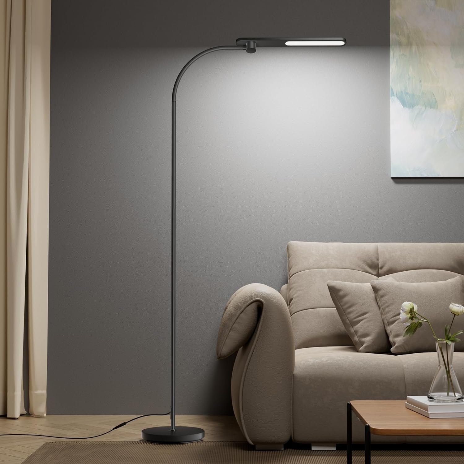 Honeywell Led Floor Lamp,F4 Sunturalux™ Eye-Caring Floor Lamps for Living Room, Super Bright Stepless Dimmable Tall Standing Lamp, Modern Gooseneck Reading Light for Bedroom Office Study(Black)