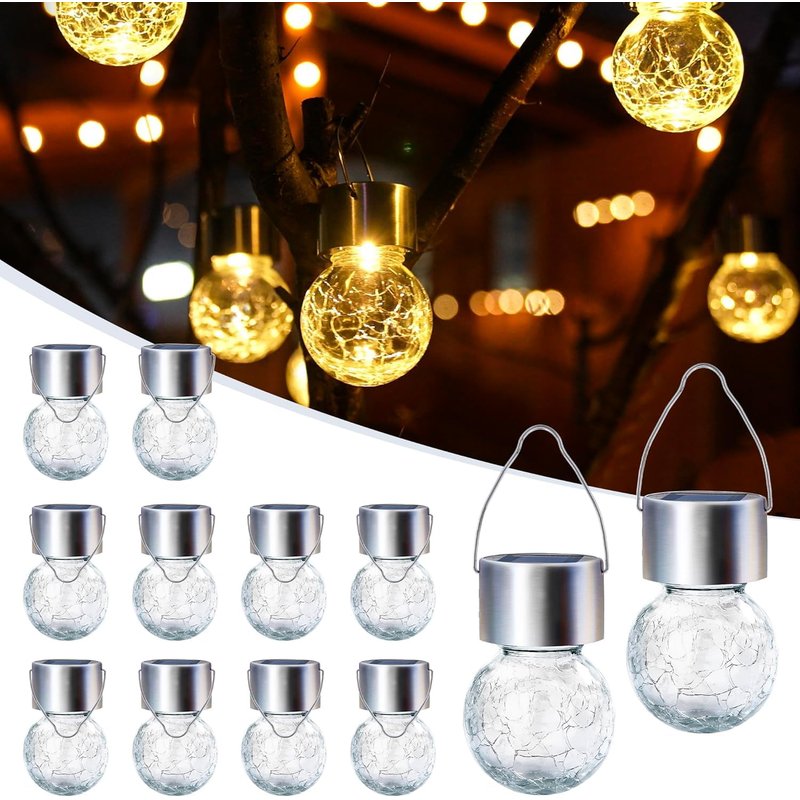 GIGALUMI 12 Pack Solar Hanging Lights for Christmas Decoration - Cracked Glass, Waterproof for Garden, Yard, Fence, Tree (Warm White)