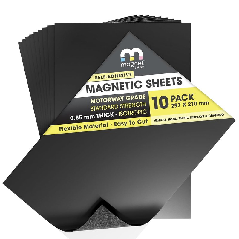 TMS Magnetic Sheets Self-Adhesive | Make Car, Taxi or Vehicle Signs | Use for Crafts or Metal Die Storage | Strong, Sticky & Flexible | 10 Pack | 0.85mm thick | A4 (30×21cm)